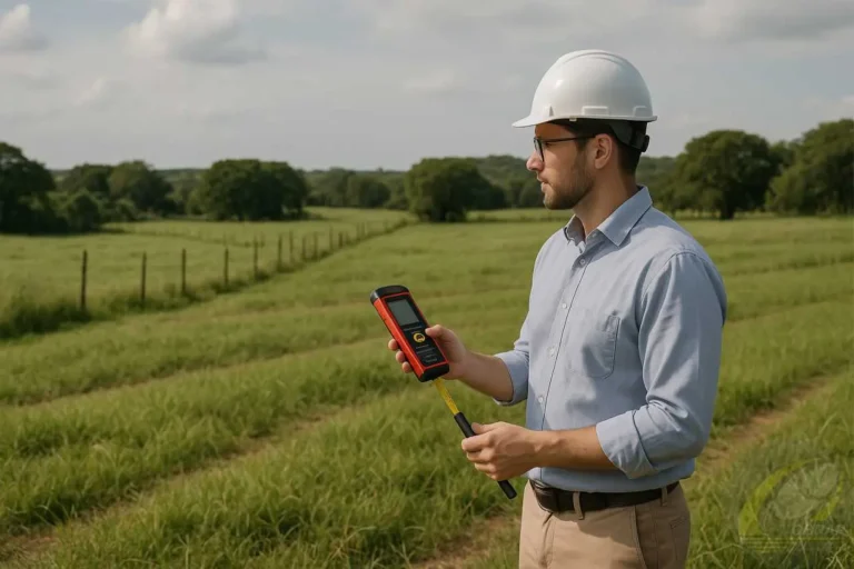 Engenheiro de avaliações em imóvel rural realizando vistoria de laudo de avaliação de fazenda engenharia com equipamento de GPS na mão e capacete branco