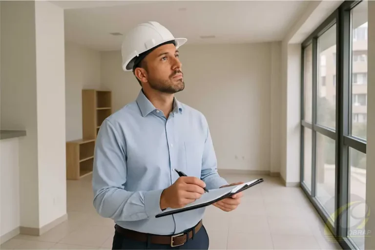 Engenheiro de avaliação dentro de imóvel residencial realizando vistoria para Laudo de Avaliação de Imóvel Urbano para Venda Engenharia, segurando prancheta e usando capacete branco