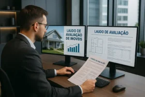 Engenheiro elaborando laudos de avaliação de imóveis em escritório com computador de duas telas.