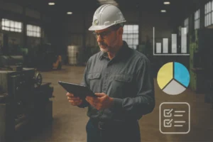 Engenheiro perito realizando avaliação de bens e máquinas em um galpão industrial, utilizando tablet para análise de dados técnicos com gráficos e checklist ilustrados sobrepostos.