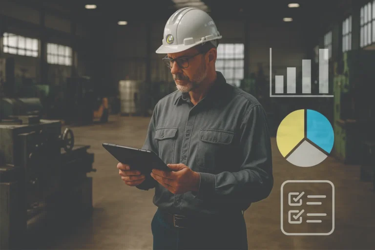 Engenheiro perito realizando avaliação de bens e máquinas em um galpão industrial, utilizando tablet para análise de dados técnicos com gráficos e checklist ilustrados sobrepostos.