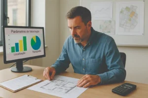 Engenheiro civil analisando laudo de avaliação de imóveis em escritório moderno