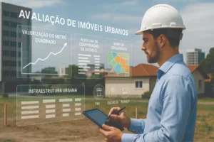 Engenheiro avaliando imóvel urbano com tablet e dados técnicos sobre valorização, zoneamento e infraestrutura