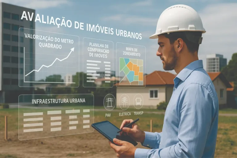 Engenheiro avaliando imóvel urbano com tablet e dados técnicos sobre valorização, zoneamento e infraestrutura