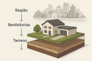 Diagrama ilustrativo de avaliação de imóvel com destaque para região, benfeitorias e terreno
