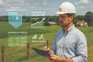 Engenheiro avaliando imóvel rural com prancheta em campo, analisando mapa com georreferenciamento, valorização por hectare e planilha de preços