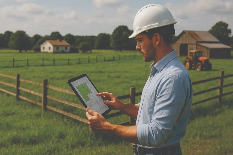 Perito avaliador vistoriando propriedade rural com pastagem verde, casa simples, celeiro e trator ao fundo, segurando prancheta digital com planta técnica
