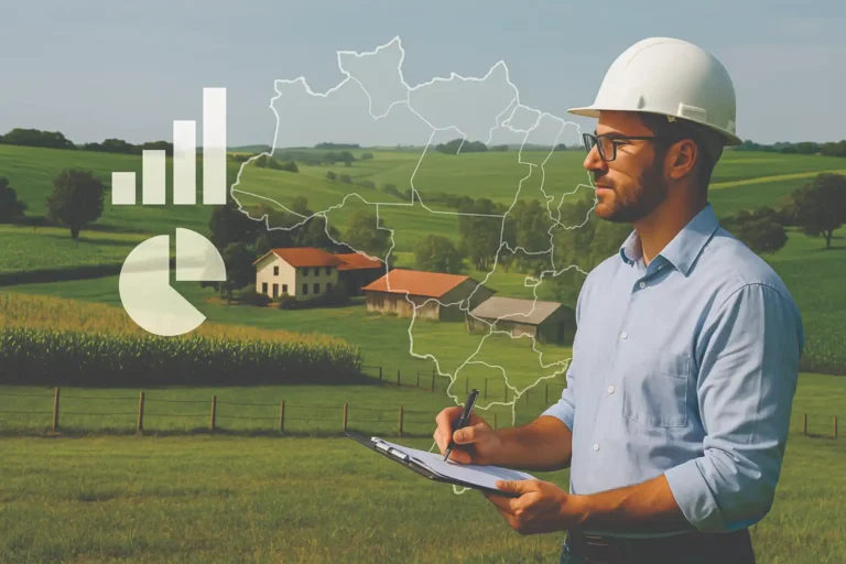 Engenheiro avaliador com capacete branco analisando propriedade rural com pastagem e casas ao fundo, sobreposição de mapa do Brasil e gráficos estatísticos.