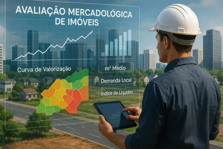 Engenheiro analisando painel digital com gráficos de avaliação mercadológica de imóveis em cenário urbano
