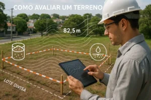 Engenheiro avaliando terreno com tablet para análise de solo, dimensões e topografia