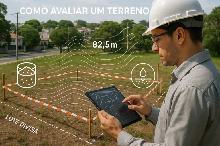 Engenheiro avaliando terreno com tablet para análise de solo, dimensões e topografia