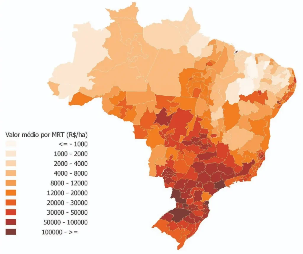 Mapa do Brasil colorido por regiões com valores médios de MRT (R$/ha) para avaliação de propriedades rurais.