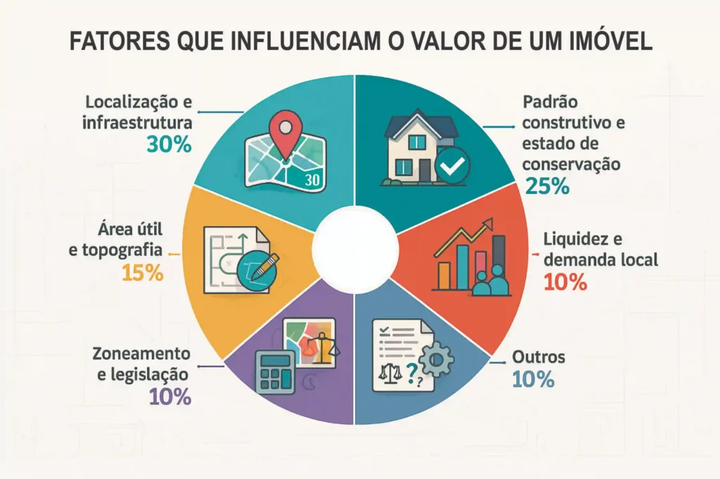 Gráfico mostra os principais fatores que influenciam o valor de um imóvel segundo avaliadores, como localização, padrão construtivo e área útil