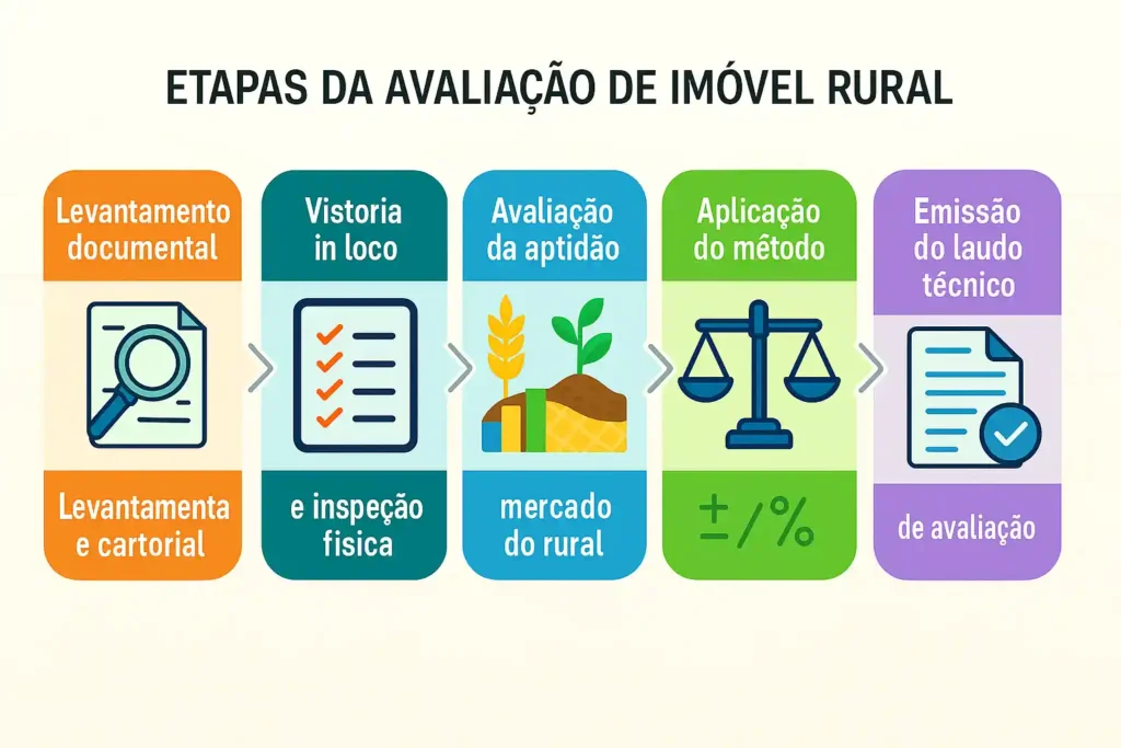 Gráfico com etapas da avaliação de imóvel rural: levantamento documental, vistoria in loco, avaliação da aptidão, aplicação do método e emissão do laudo técnico