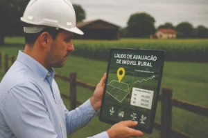 Engenheiro com capacete realizando laudo de avaliação de imóvel rural em tablet com dados técnicos e valores estimados