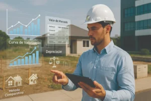 Engenheiro avaliador de imóvel analisando dados técnicos de valorização, depreciação e método comparativo com uso de tablet em área urbana