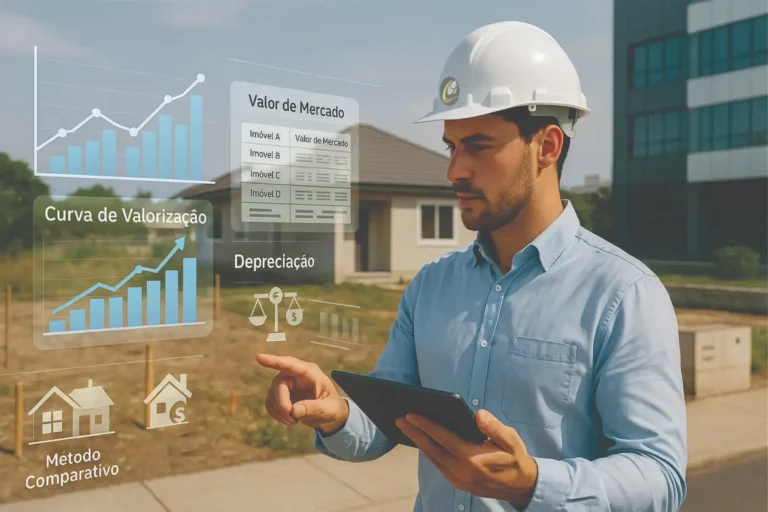 Engenheiro avaliador de imóvel analisando dados técnicos de valorização, depreciação e método comparativo com uso de tablet em área urbana