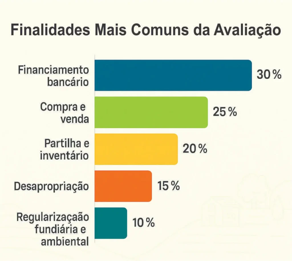 Gráfico com as finalidades mais comuns da avaliação de imóvel rural: financiamento bancário, compra e venda, inventário, desapropriação e regularização