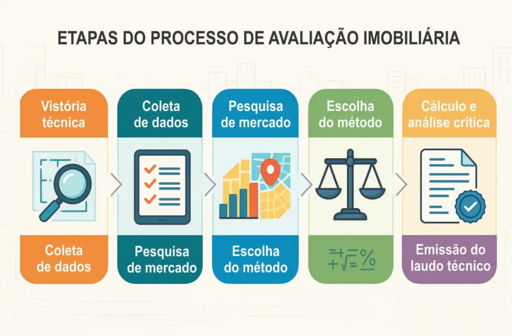 Etapas do processo de avaliação imobiliária realizadas por um avaliador de imóvel, incluindo vistoria, coleta de dados, pesquisa de mercado e emissão do laudo técnico