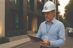 Perito imobiliário com capacete branco vistoriando a fachada de um imóvel de alto padrão, segurando uma prancheta digital com planta baixa.