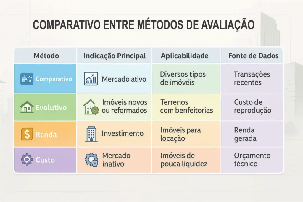 Tabela comparativa dos métodos de avaliação utilizados por avaliadores de imóvel: comparativo, evolutivo, renda e custo, com indicações e aplicabilidades