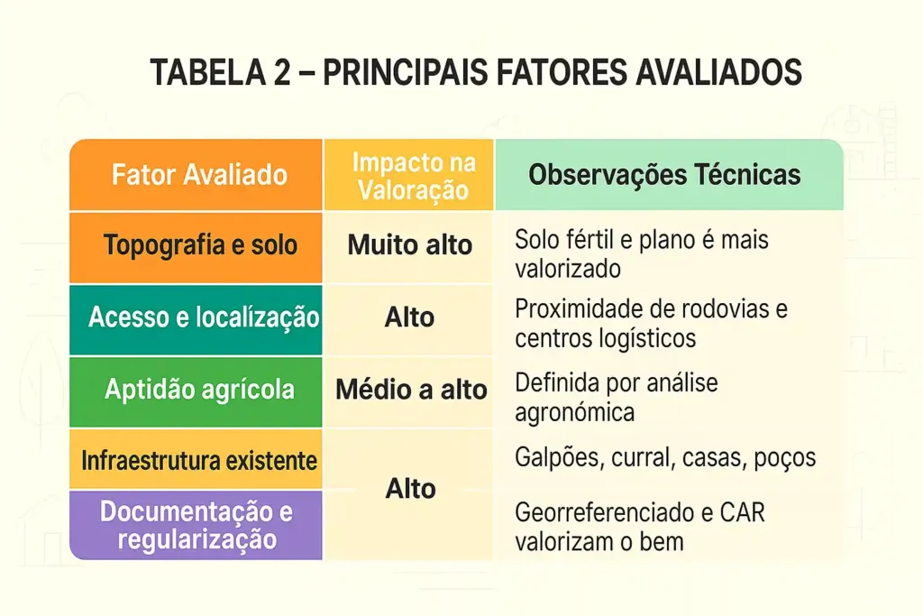 Tabela com os principais fatores avaliados na avaliação de imóvel rural, como topografia, localização, aptidão agrícola e regularização fundiária