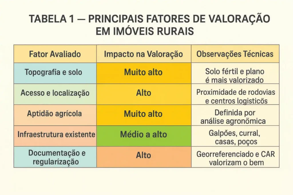 Tabela com os principais fatores de valoração em imóveis rurais, incluindo topografia, localização, aptidão agrícola, infraestrutura e documentação
