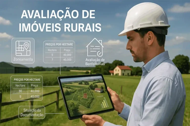 Engenheiro avaliando imóvel rural com tablet em campo, destacando fatores como zoneamento, benfeitorias e preços por hectare