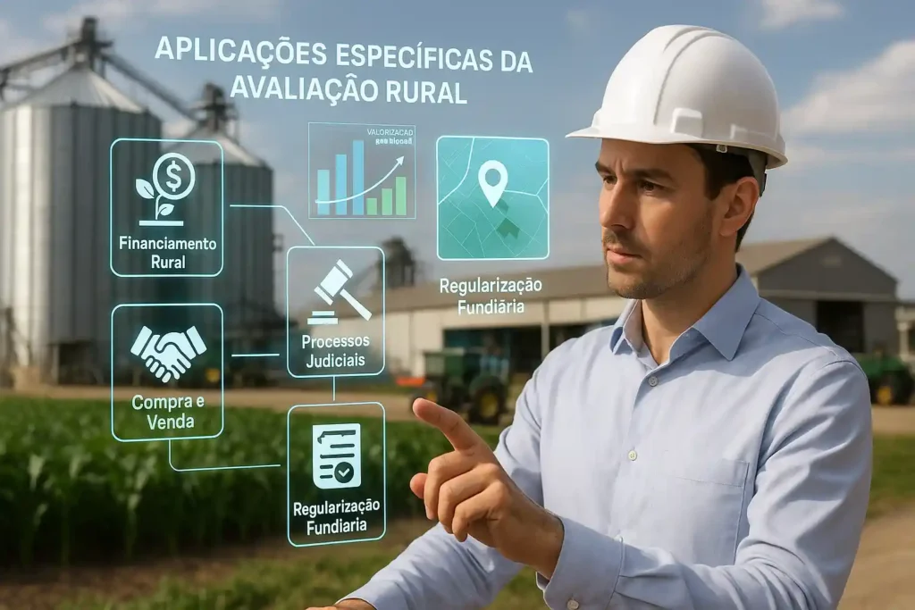 Engenheiro aponta para painel digital com aplicações específicas da avaliação rural