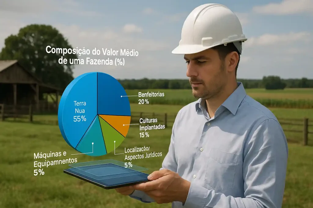 Engenheiro realizando avaliação de fazenda com gráfico digital de composição do valor médio da propriedade rural