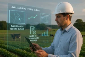 Engenheiro realizando avaliação de fazenda OBRAP com tablet e projeção digital de mapas, gráficos e laudos técnicos