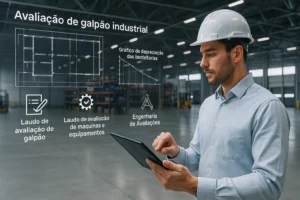 Engenheiro realiza avaliação de galpão industrial com auxílio de tablet e dados técnicos