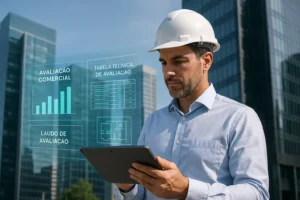 Engenheiro realizando Avaliação de Imóveis Comerciais com tablet e projeções digitais de laudo e tabela técnica