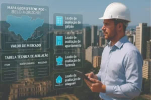 Engenheiro realizando Avaliação de Imóveis em Belo Horizonte com tablet e gráficos digitais de laudos técnicos