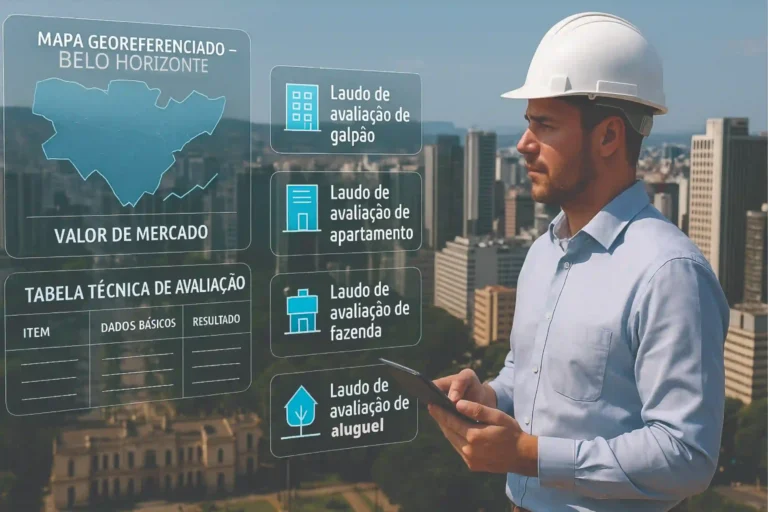 Engenheiro realizando Avaliação de Imóveis em Belo Horizonte com tablet e gráficos digitais de laudos técnicos