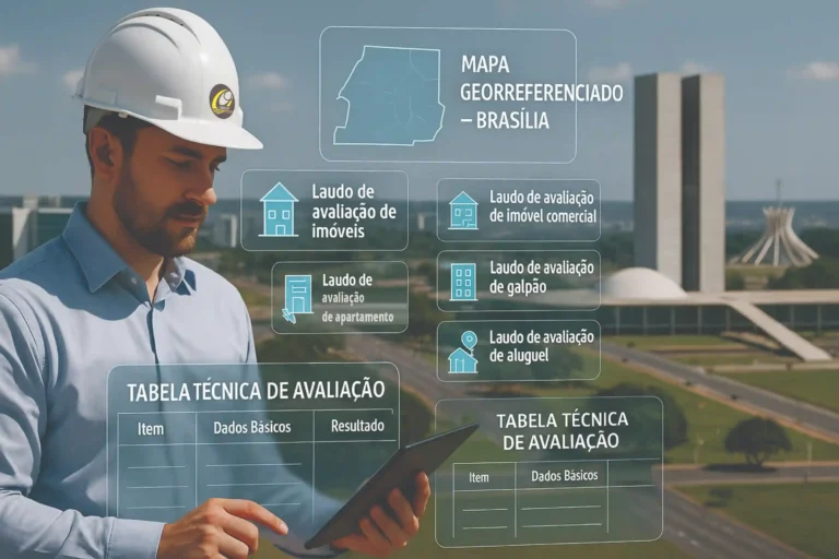 Engenheiro realizando Avaliação de Imóveis em Brasília com tablet e laudos técnicos digitais no fundo da Esplanada