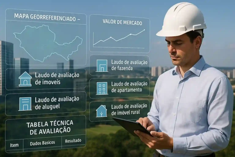 Engenheiro civil projetando em realidade aumentada a Avaliação de Imóveis em Campinas, com gráficos, tabelas e laudos técnicos da OBRAP Engenharia de Avaliações