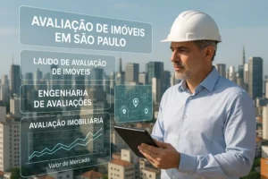 Engenheiro realizando avaliação de imóveis em São Paulo com tablet, diante do skyline urbano.