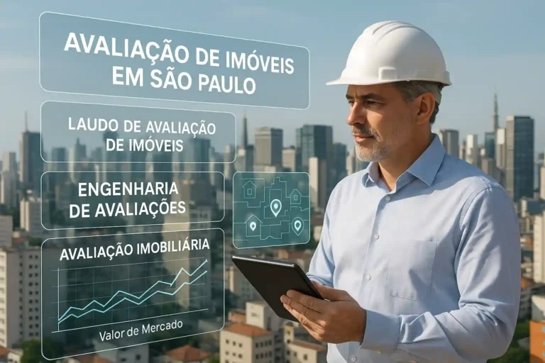 Engenheiro realizando avaliação de imóveis em São Paulo com tablet, diante do skyline urbano.