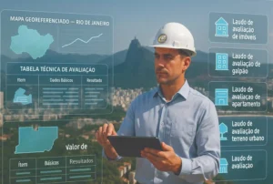 Engenheiro realizando Avaliação de Imóveis no Rio de Janeiro com tablet e gráficos digitais de laudos técnicos