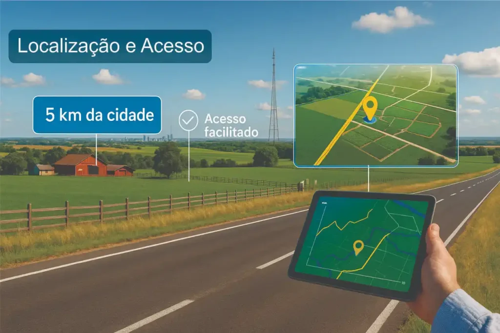 Avaliador analisa localização e acesso de imóvel rural com mapa digital a 5 km da cidade