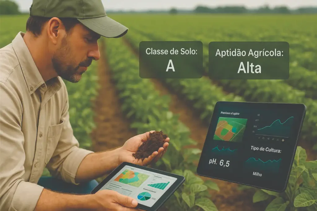 Engenheiro analisa tipo de solo e aptidão agrícola em lavoura com auxílio de tablet e dados de pH