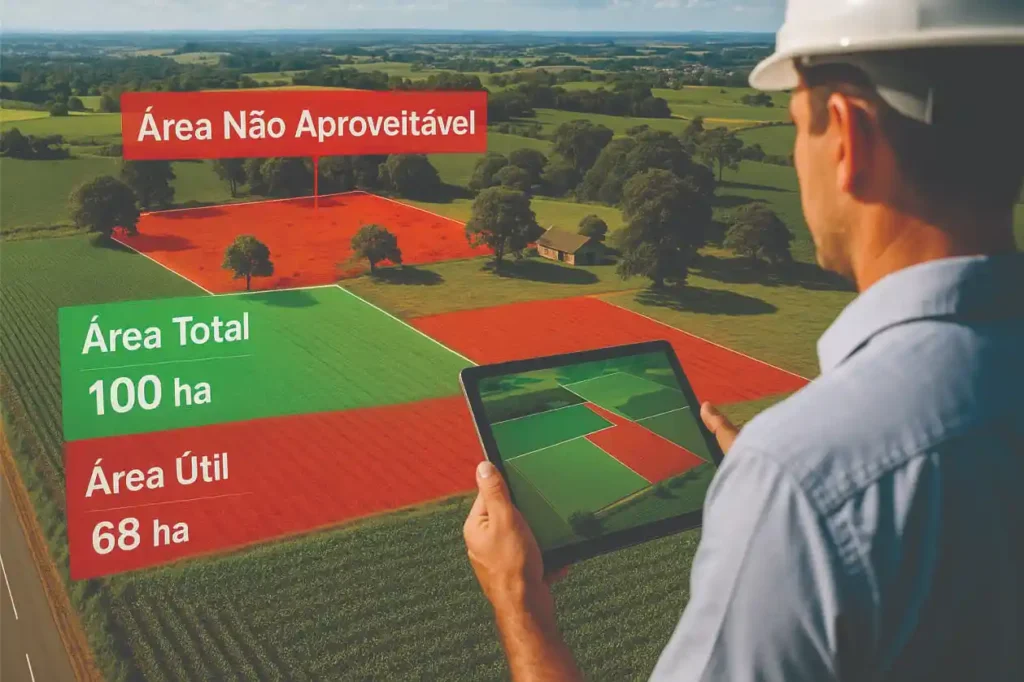 Engenheiro analisa a proporção entre área útil e área total em imóvel rural com apoio de mapa digital
