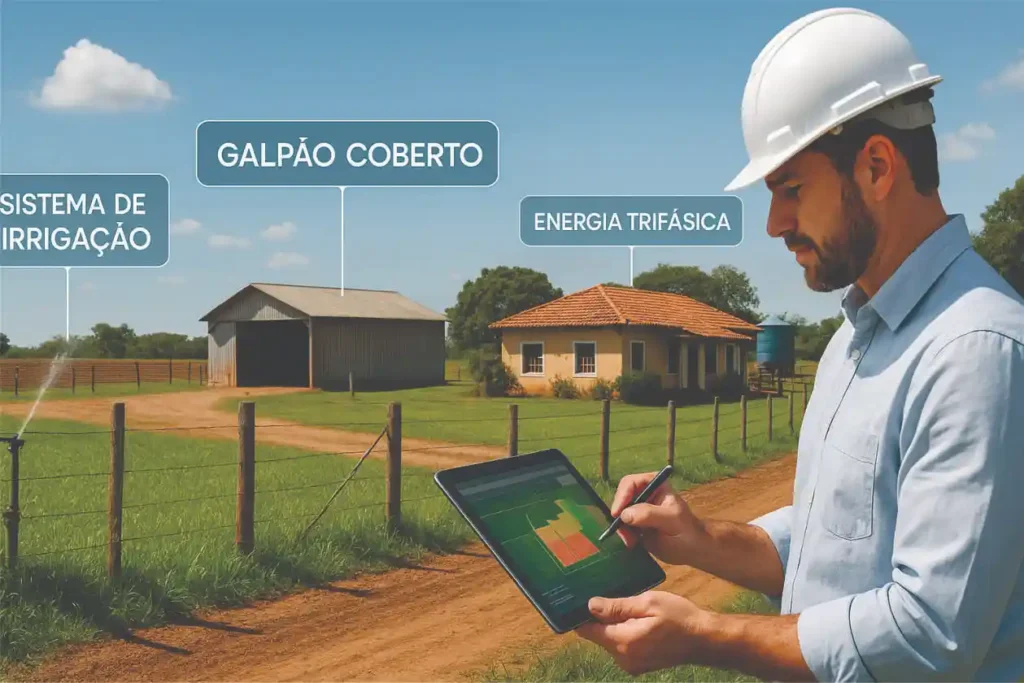 Engenheiro avalia benfeitorias e infraestrutura de imóvel rural com tablet em campo