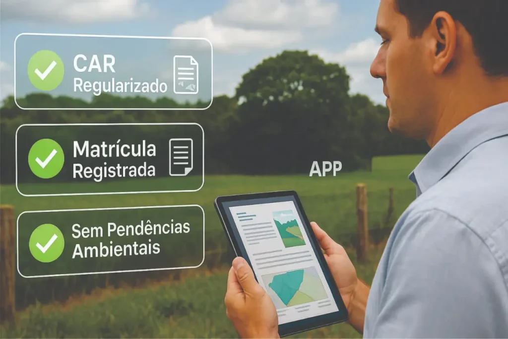 Avaliador verifica situação legal, ambiental e documental de imóvel rural em tablet