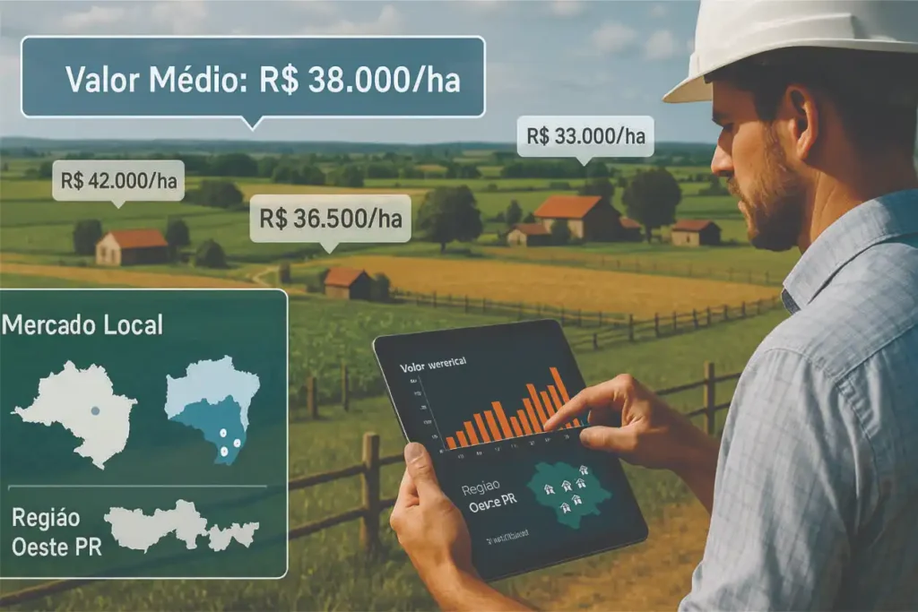 Engenheiro avalia mercado local e valores regionais de imóveis rurais com auxílio de gráficos e mapas