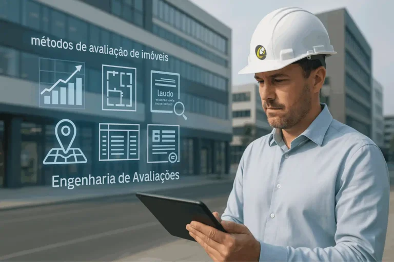 Engenheiro realiza avaliação de imóvel comercial para venda com análise técnica em tablet