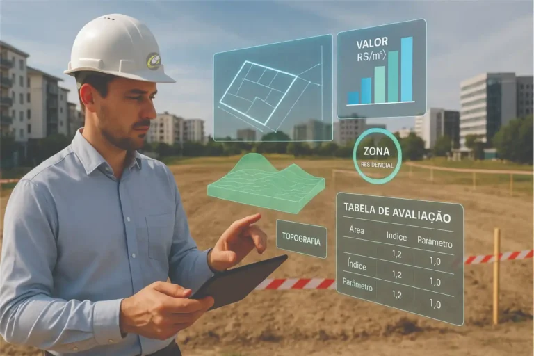 Engenheiro realizando avaliação de terrenos para construção com análise de topografia, zoneamento e valor por metro quadrado em projeção digital