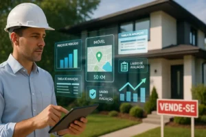 Engenheiro realizando avaliação justa de imóveis para venda com gráficos, mapas e laudos técnicos em projeção digital