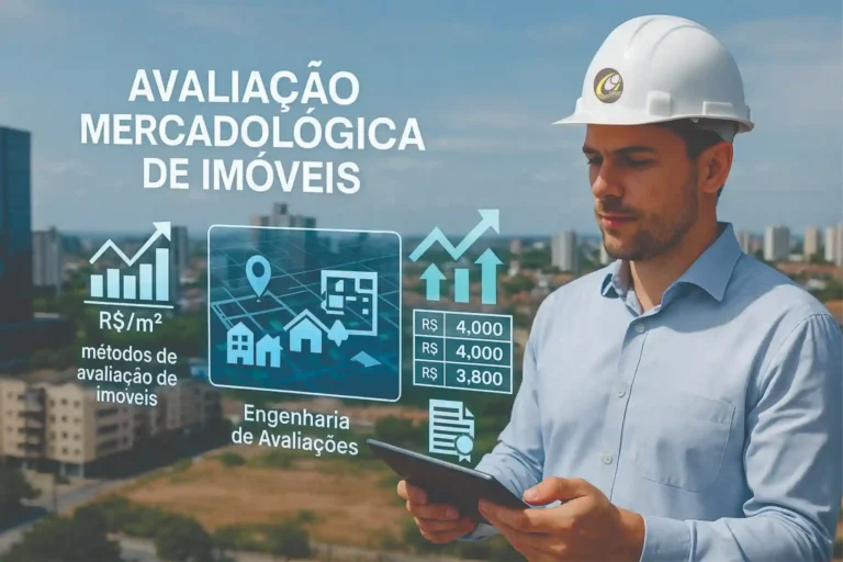 Engenheiro realizando avaliação mercadológica de imóveis com gráficos, mapas e indicadores de mercado em projeção de realidade aumentada